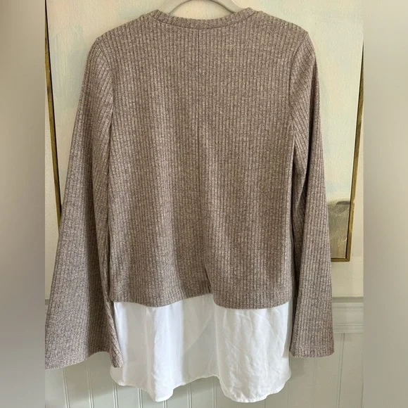 BCBGeneration Layered Peplum Crewneck Sweater Shirt Tan White Bell Sleeve Sz Sm - Picture 7 of 7